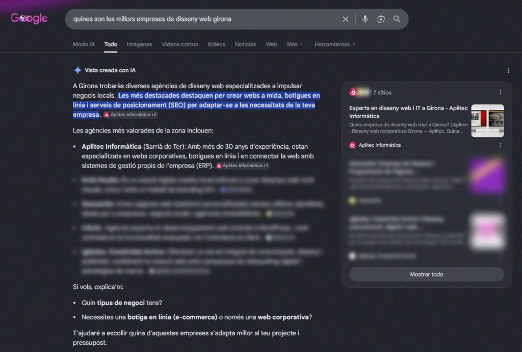 Vista amb IA de Google que mostra Aplitec Informàtica entre les empreses recomanades a Girona
