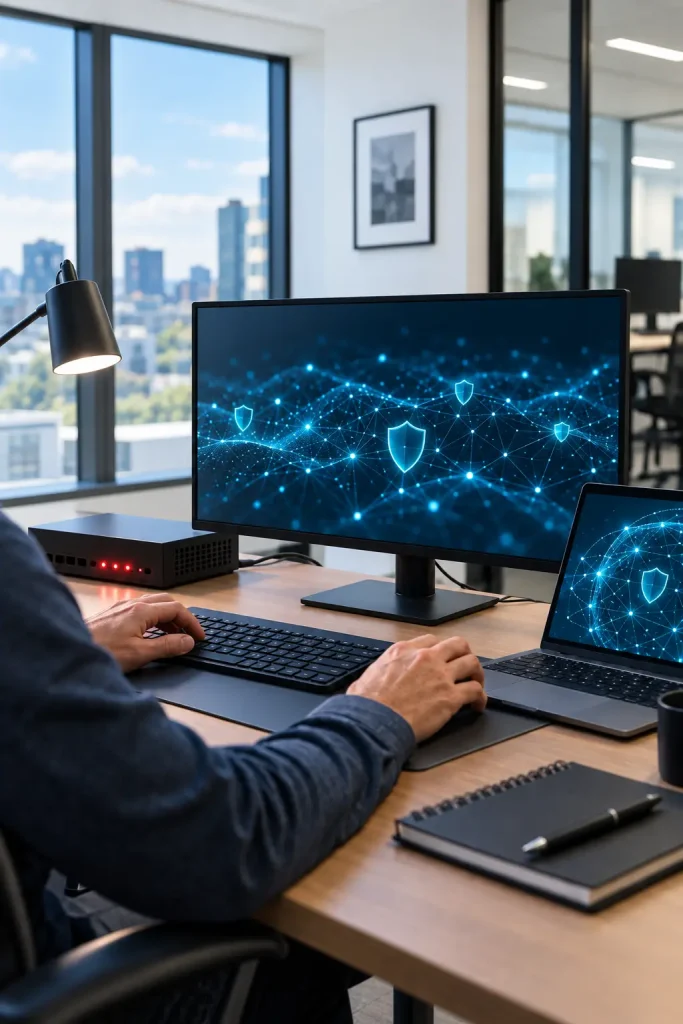 Tecnico informatico revisando la seguridad de la red de una empresa