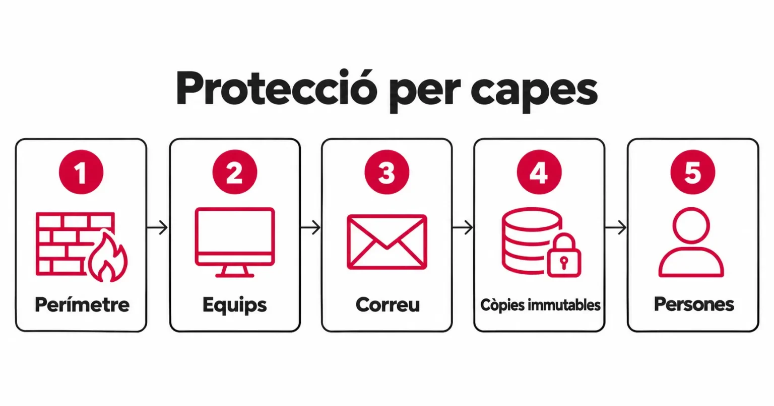Protecció per capes d'una PIME: perímetre, equips, correu, còpies immutables i persones